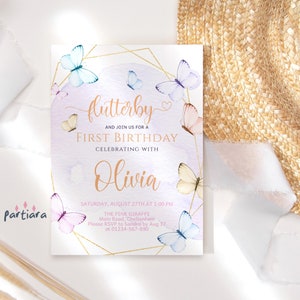 Plantilla de invitación para fiesta de primer cumpleaños de mariposa lila para niñas, tarjeta con decoración de arcoíris azul y rosa pastel, descarga digital editable P171