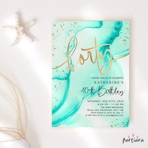 40. Geburtstagseinladung Türkis Gold Party Printable, Damen Brunch Mittag- oder Abendessen Einladen Karte, Bearbeitbare Vorlage Download P297