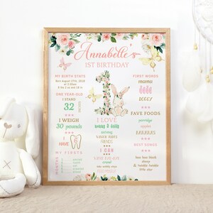 Tableau des jalons du 1er anniversaire, fête des lapins imprimable, statistiques de naissance des filles, signe de la première année, décoration florale rose, modèle modifiable P376