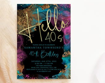 Hellos 40s Invite 40th Birthday Invitations Ladies Forties Dinner Party Invites Printable Editable Download Teal Blue Pink Gold Decor P750