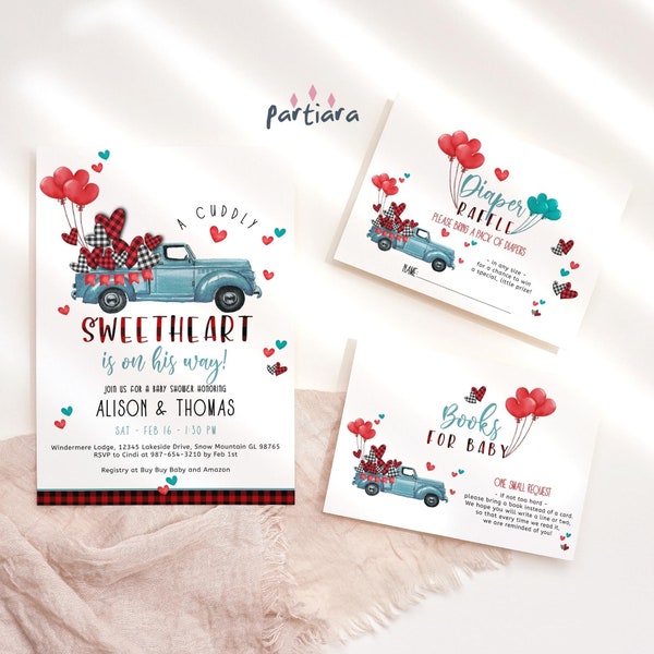 Sweetheart Baby Shower Invitation Bundle Boy Printable Teal Blue and Red Hearts Vintage Truck Decor Editable Digital Download Cards P121