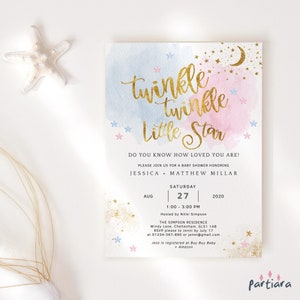 Twinkle babyshower uitnodiging, Little Star Twins uitnodigen afdrukbare, jongen meisje pastel blauw roze kaart, bewerkbare digitale downloadsjabloon P16