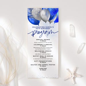 Tarjetas de programa azul real Globos plateados editables Fiesta Imprimible Cumpleaños Aniversarios Eventos escolares o corporativos Decoración Descarga P247