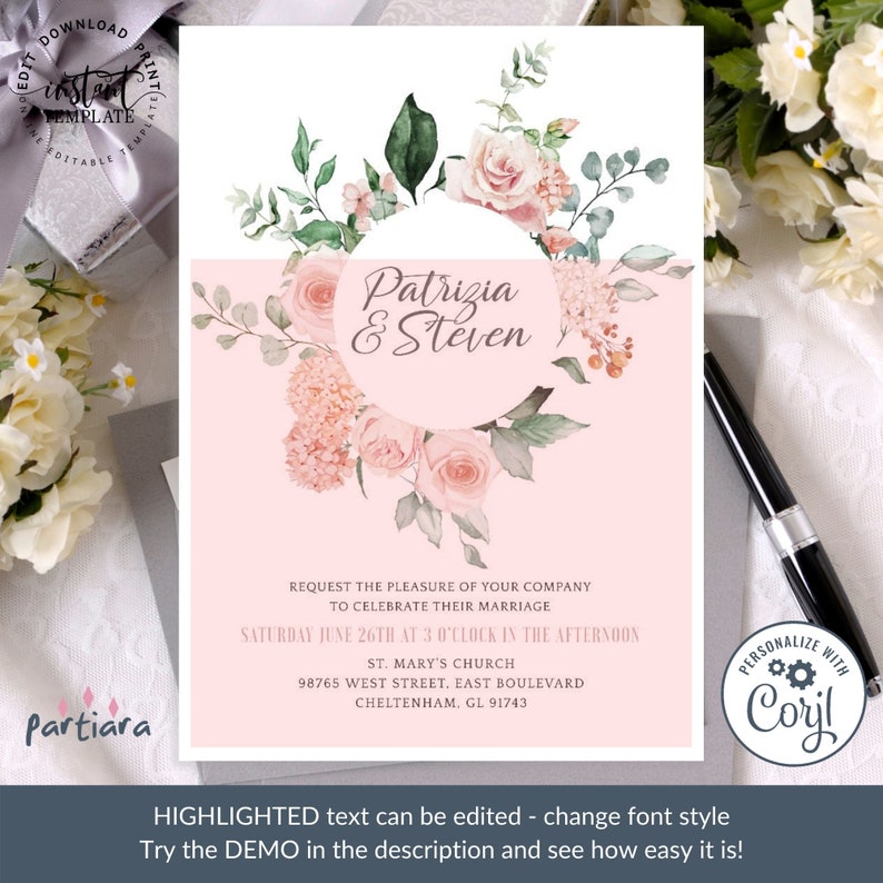 Editable Blush Pink Floral Invitation Weddings Bridal or Baby Showers Girl Baby Showers DIY Printable Template P140 Baptisms Birthdays