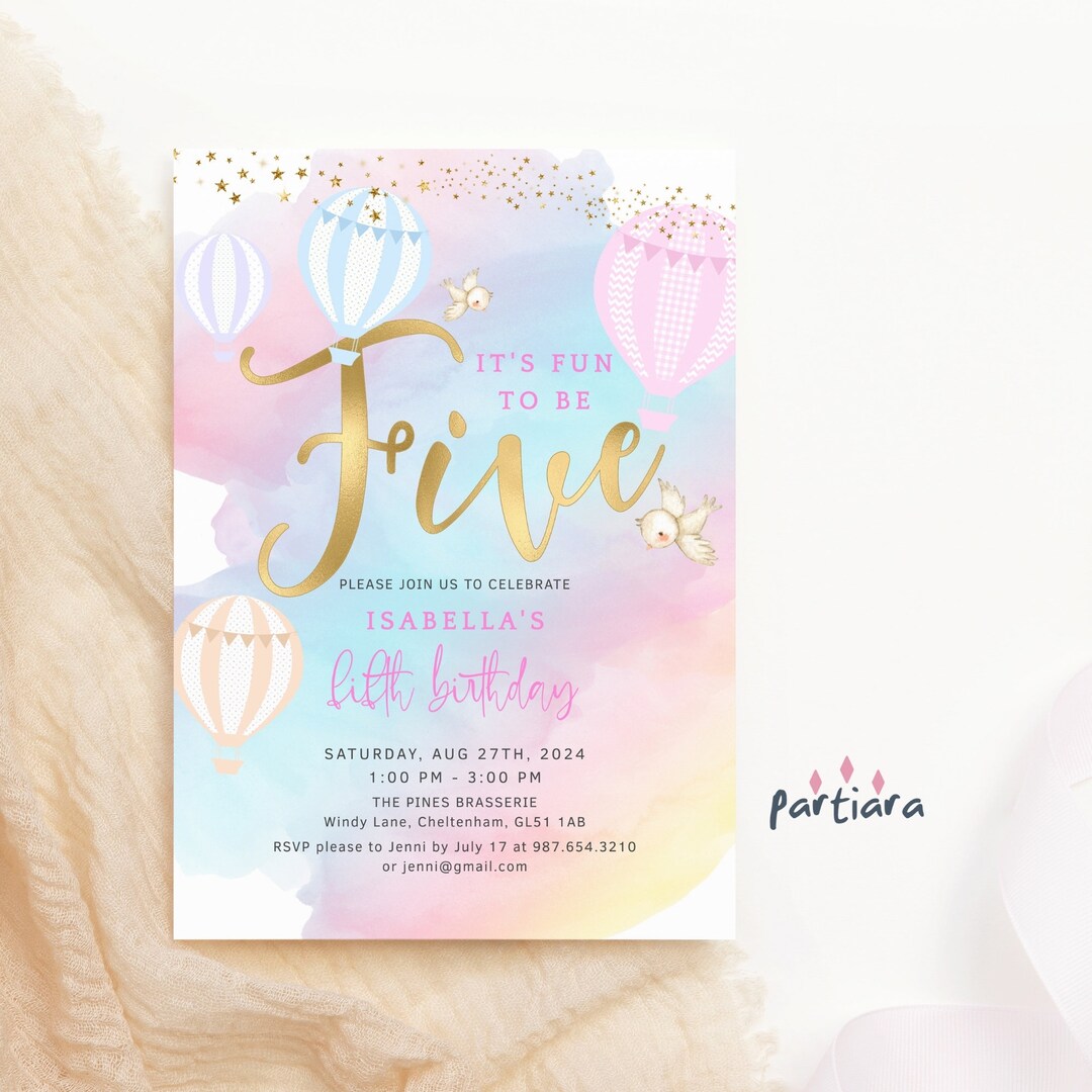 Editable 5th Birthday Invitation, Hot Air Balloons Rainbow Party Invite ...