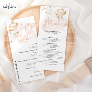Karta menu Rose Gold, szablon programu urodzinowego, imprezy typu brunch dla pań, lunch lub kolacja, różowe balony, edytowalne pobieranie cyfrowe P382