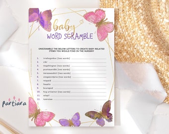 Butterfly Baby Word Scramble Purple Pink and Gold Online Editable Game Cards Printable Girl Baby Shower Activity Inserts Instant Download P8