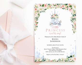 Baby Princess Invite Girl Baby Shower Fairytale Tea Party Invitation Blush Pink Floral Silver Tiara Printable Editable Digital Download P74
