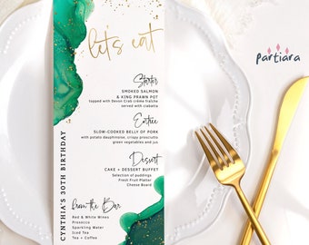 Green and Gold Menu Template: Emerald Birthday or Anniversary Table Menus Printable P257