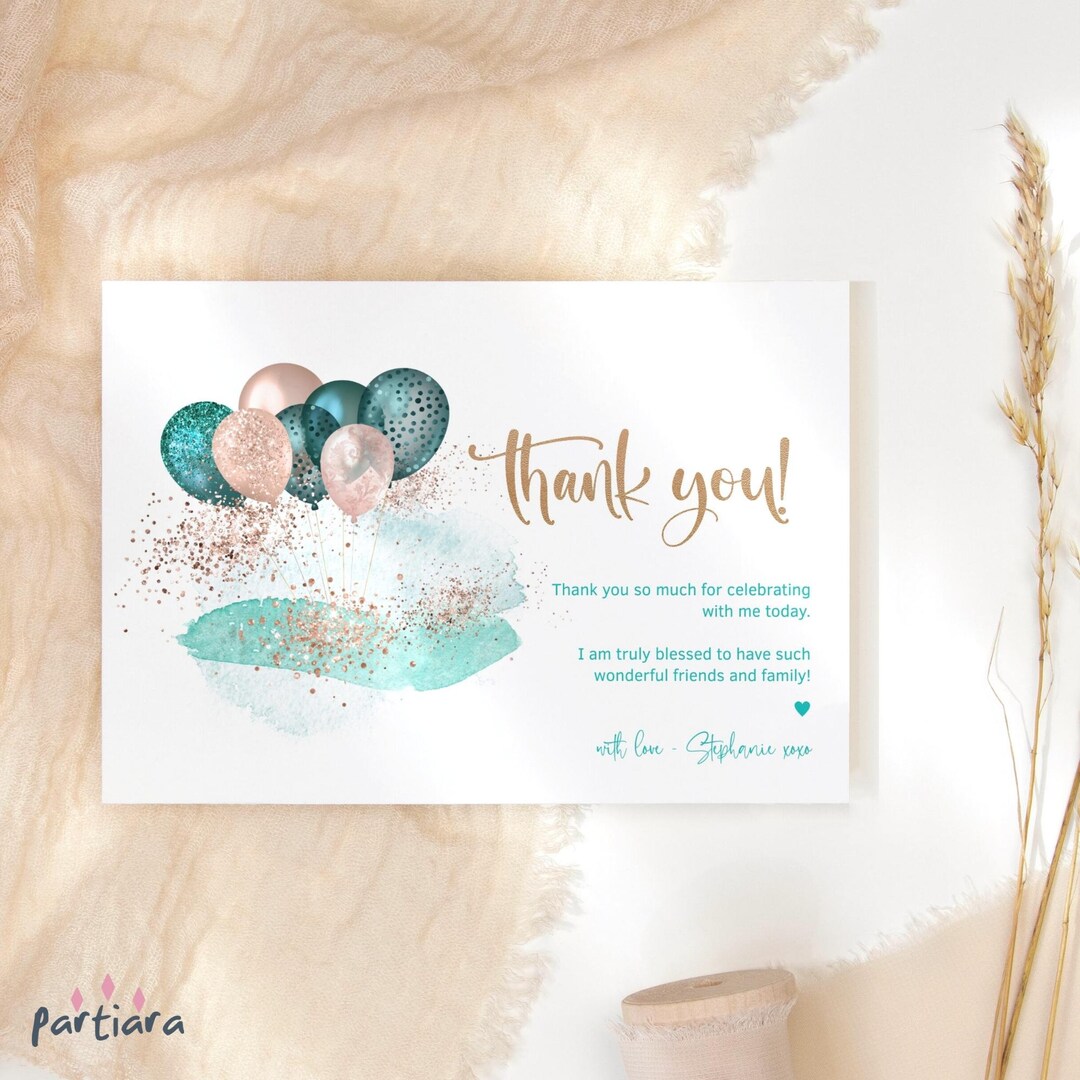 Birthday Balloons Thank You Card Printable Ladies Teens Girls Etsy