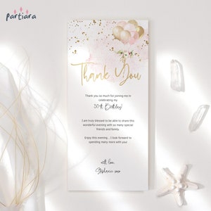 Modelo de cartão de agradecimento para 16 anos, cartões de boas-vindas para mesa de jantar de aniversário de meninas, balões editáveis P344