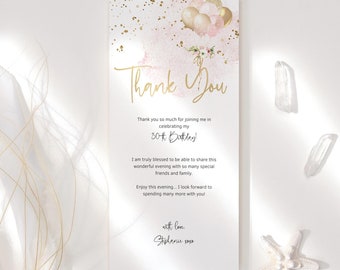 Blush Pink Birthday Table Thank You Card Printable Teens Girls Ladies Dinner Party Floral Gold Balloons Decor Editable Slim Template P344