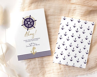 Nautical Baby Shower Thank You Card Boy Printable 1st Birthday Baptism Christening Party Thankyou Notecard Editable Navy Blue Gold Decor P17