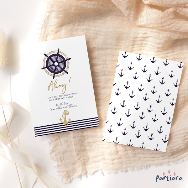 Nautical Baby Shower Thank You Card Boy Printable 1st Birthday Baptism Christening Party Thankyou Notecard Editable Navy Blue Gold Decor P17