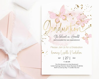 Graduation Invitation Digital Download for Girls: Pink Butterfly Printable Template P293