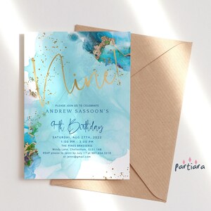 Convite editável para 9º aniversário, convite para festa na piscina para impressão, tema náutico de praia, menino ou menina, cartões digitais para download P243