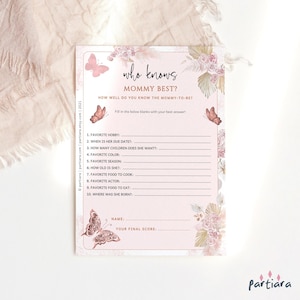 Jogo de chá de bebê borboleta cartão quem conhece melhor mamãe jogos de quiz para impressão, meninas boho rosa ouro rosa borboletas florais, editável P171