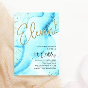 Invitación imprimible para el 11.° cumpleaños en azul cielo, para fiestas de pijamas de niñas, plantilla editable para descarga digital P132 P296