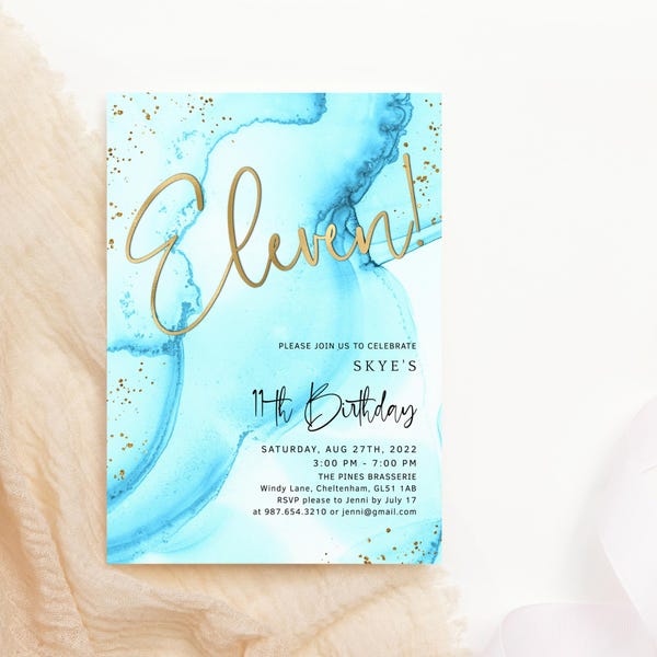 Invitación imprimible de cumpleaños número 11 en azul cielo para niñas, ideal para fiestas de pijamas y mimos. Plantilla digital editable para descargar (P132 P296).