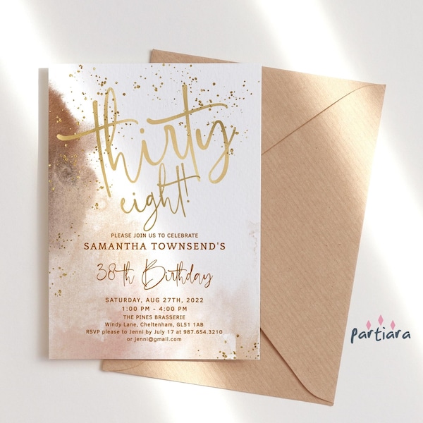 38th Birthday Invite Brown and Gold Melanin Brunch Spa Party Invitation for Ladies Printable Editable Digital Download Template P214