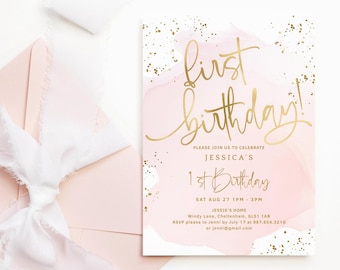 Pastel Pink 1st Birthday Invitation Editable Template (Digital Download) P458