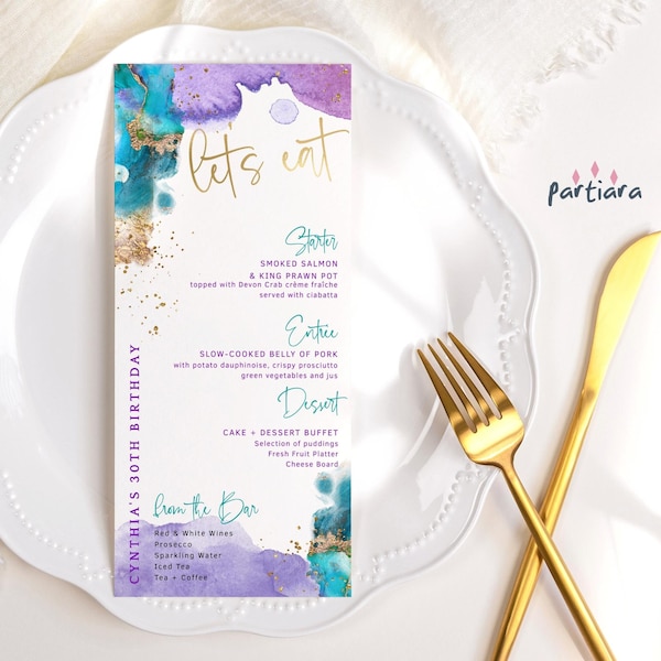 Purple Teal Gold Menu Card Editable Birthday Table Menus for Ladies Surprise Dinner Party Printable Instant Download Template P437