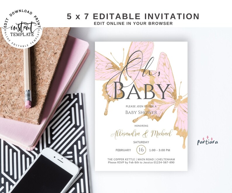 Pink Butterfly Baby Shower Invitation Printable Girl Pastel Etsy