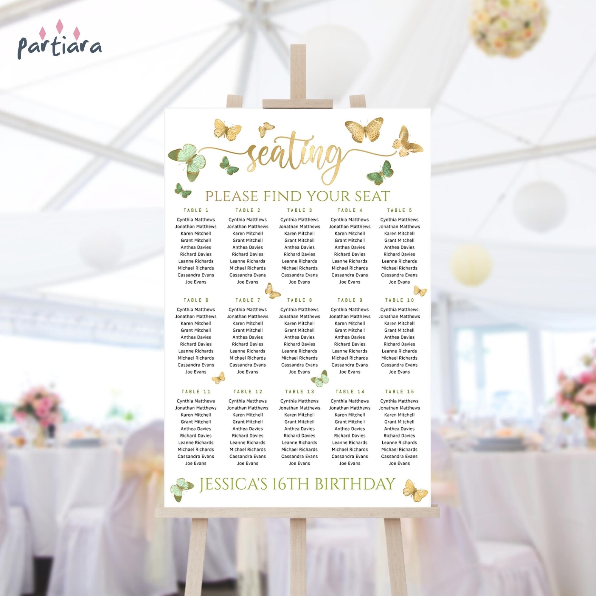 Sweet 16 Seating Chart Template, Girls 16th Birthday Party Table Seating Sign Printable, Mint Green Gold Butterfly Table Plan, Editable P149