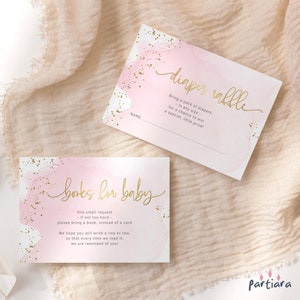 PASTEL BABY SHOWER Diaper Raffle Game and Books for Baby Cards Printable, Pink Gold Princess Invite Inserts, Editable Notecard Template P458
