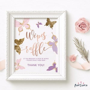 Butterfly Baby Shower Wipes Raffle Sign Printable, Girls Party Table Butterflies Decor, Editable Digital Download Pink Lilac P345