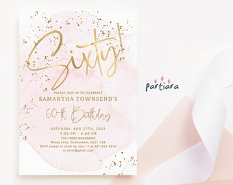 Ladies 60th Birthday Invitation Printable Lunch Brunch or Dinner Party Invites Editable Pastel Blush Pink Gold Decor Template P132 P249