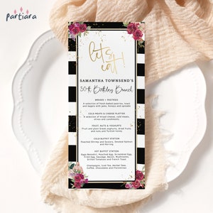 Menú de rayas negras, menús de cena de cumpleaños con decoración de mesa en rojo, blanco y dorado imprimible, tarjetas de menú florales para brunch de damas, plantilla editable P176