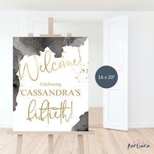 Cartel de bienvenida en negro y dorado, póster de bienvenida para fiesta de cumpleaños imprimible, decoración para cenas de hombres o mujeres de 50, 60 o 70 años, editable P268