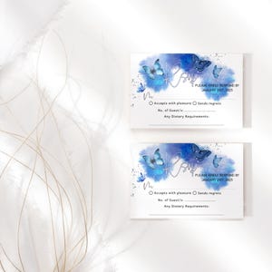 Modello per biglietto RSVP a farfalla blu, RSVP per compleanno di ragazze, stampabili, modificabili, scaricabili digitalmente, formato biglietto da visita 3x2 P617