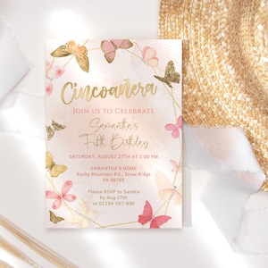 Cincoanera Invitation Printable Butterfly Girl 5th Birthday Party Fiesta Invite Blush Peach Gold Editable Digital Download Template P130