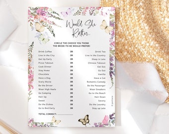 Butterfly Bridal Shower Game Would She Rather Guessing Quiz Party Games Card Printable Wildflower Floral Butterflies Editable Download P256