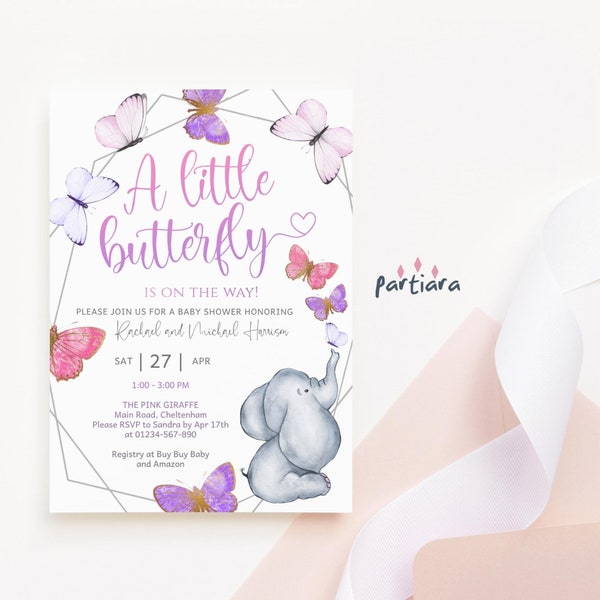 Pink Purple Elephant Baby Shower Invite Printable Girl Butterflies Party Invitation Editable Digital Download Template Lilac Grey Decor P704