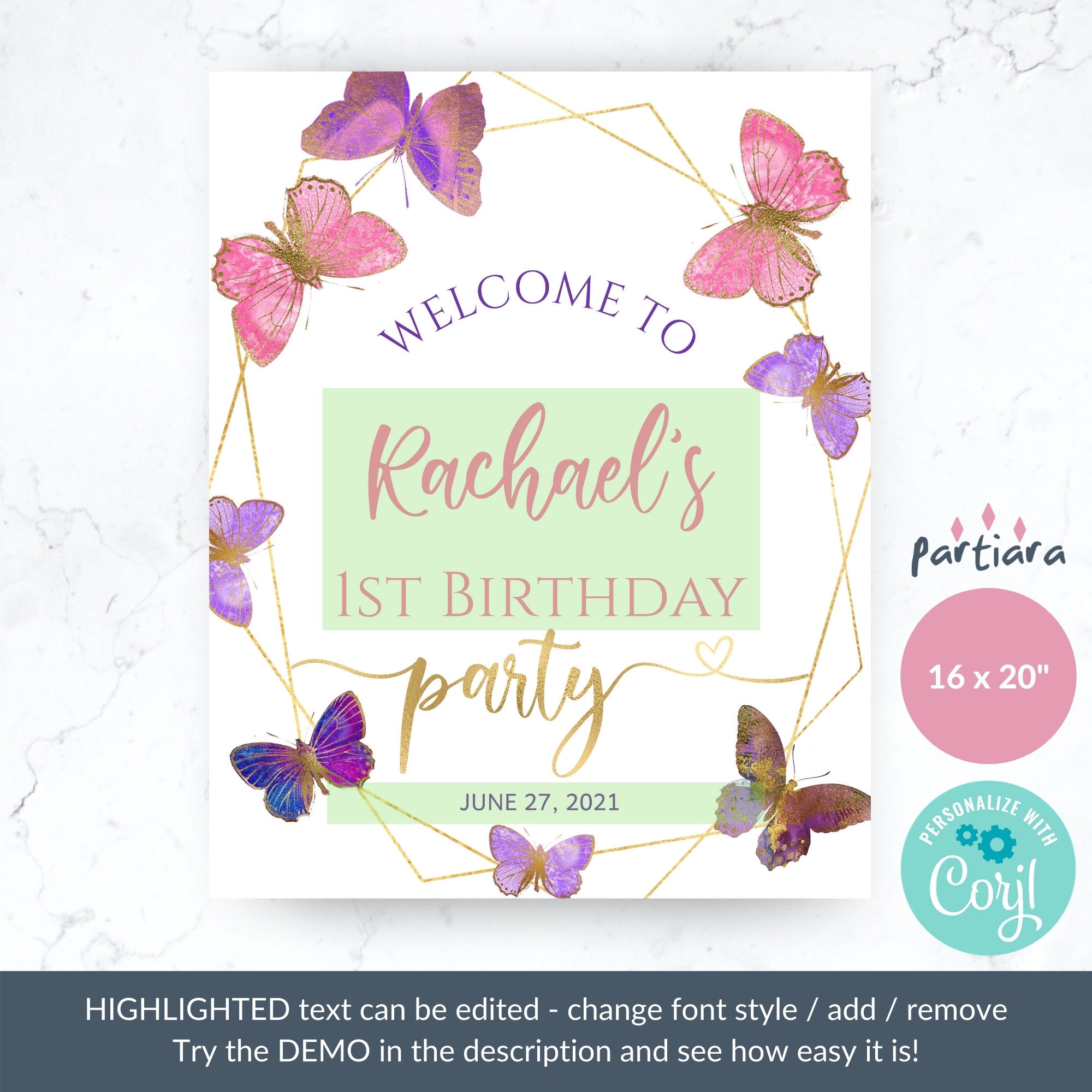 Pink Purple Butterfly Birthday Welcome Sign Printable Girl 1st - Etsy