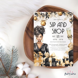 Holiday Sip and Shop Invitation, Christmas Sales Shopping Flyer Printable, Black and Gold Decor, Editable Digital Download Template P848