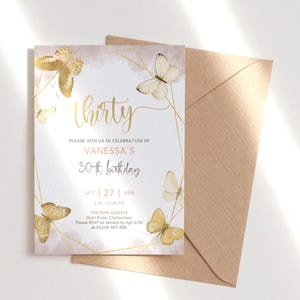 SCHMETTERLINGS-EINLADUNG 30. Geburtstag druckbare, goldene Schmetterlinge einladen, Überraschungs-Brunch-Mittag- oder Abendessen-Karten für Damen, bearbeitbar P167