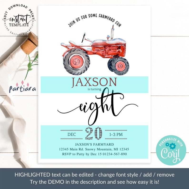 Tractor Birthday Invitation Printable Boy s 8th Birthday Etsy Tractor Birthday Invitation Printable Boy s 8th Birthday Etsy