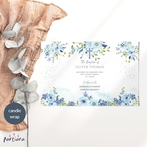 Junge Taufe Party Kerze Wrap Printable Baby Jungen Taufe Gunst Geschenk Danke Etiketten Editierbar Pastell Blau Silber Blumendekor P694
