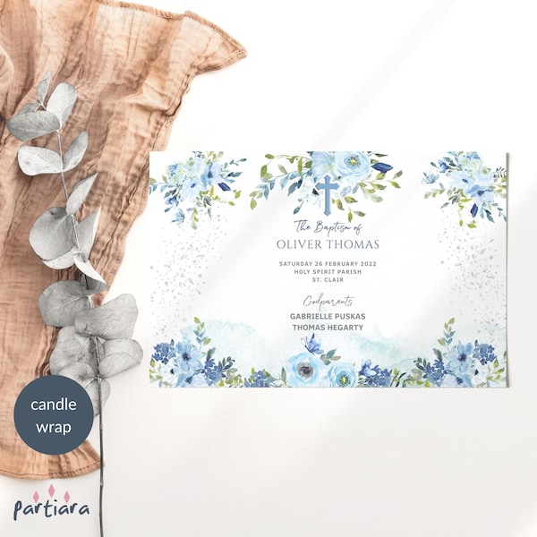 Boy Baptism Party Candle Wrap Printable Baby Boys Christening Favor Gift Thank You Labels Editable Pastel Blue Silver Floral Decor P694