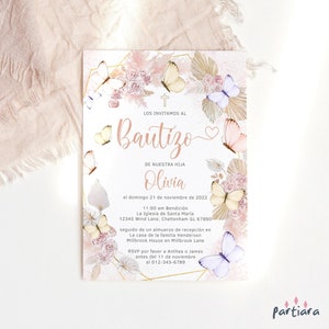 Butterfly Baptism Invite in Spanish, Girls Boho Floral 1st Birthday Joint Party Invitation Printable, Pastel Pink Lilac Decor, Editable P171