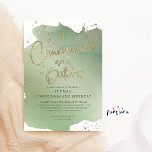 Modello di invito per comunione, invito per festa di compleanno congiunta stampabile, ragazzi verde salvia oro modificabile digitale scaricabile Card P629