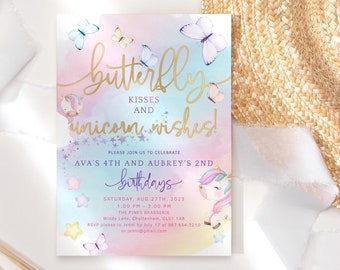 Unicorn Butterfly Invite Birthday Girl Butterfly Kisses Rainbow Party Invitation Printable Pastel Ombre Pink Gold Editable Download P179