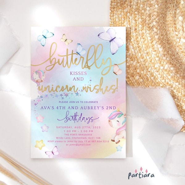 Unicorn Butterfly Invite Birthday Girl Butterfly Kisses Rainbow Party Invitation Printable Pastel Ombre Pink Gold Editable Download P179