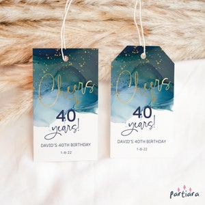 Teal Birthday Tag Favor Label Template, Mens Cheers to 40 50 60 Years Dinner Party Gifts Thank You Tags Printable Editable Download P231