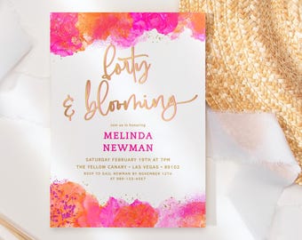 Invitation Forty Blooming 40th Birthday Invite Printable, Ladies Hot Pink Orange Brunch Lunch Dinner Invites Editable Orange Gold Decor P200