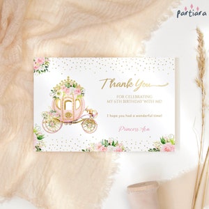Prinzessin Danke, Kartenvorlage, Mädchen Märchen 1.Geburtstagsparty Notecards bedruckbar, Kinderparty-Wagendekor, bearbeitbarer Download P137
